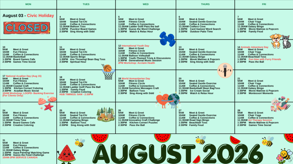 Community health programs calendar for August 2026 with activities and events.