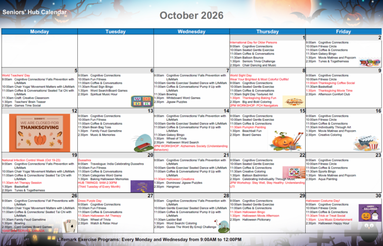 A calendar of events and programs for the month of October.